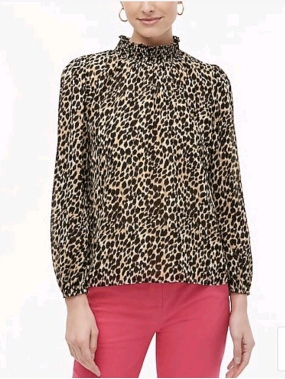 J Crew Leopard Print Chiffon Blouse Smocked Mock Neck Long Balloon Sleeve Small